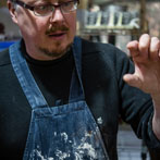 Richard Heeley at work in his pottery in Shropshire Feb 2018